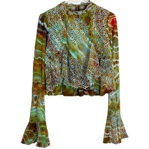 FP Free People Brittany Blouse Womens Medium Geode Tie Dye Green Tan Embroidered